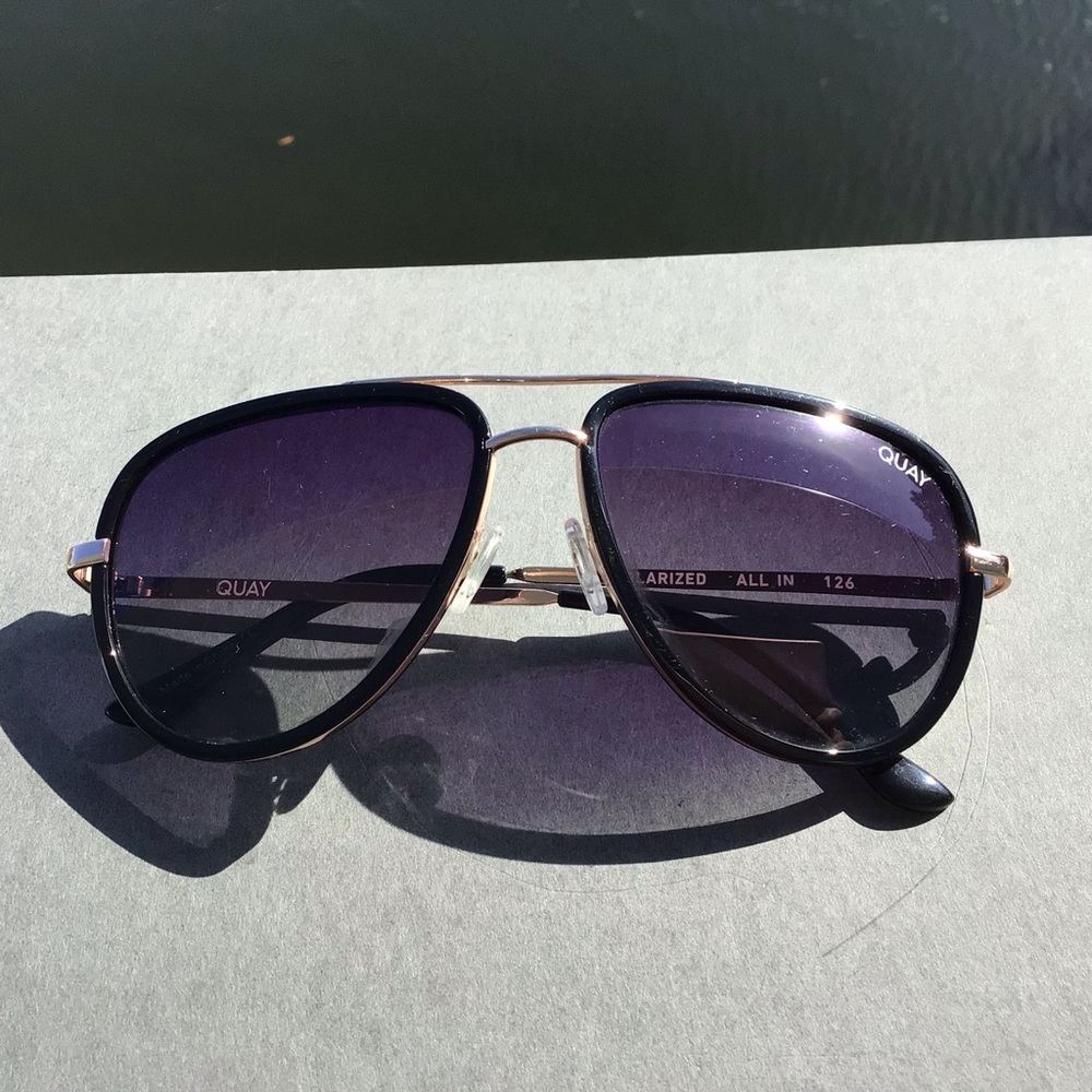 Quay All In Aviator Sunglasses in Gold Metal and Black Trim,Gradient Lens w/Case